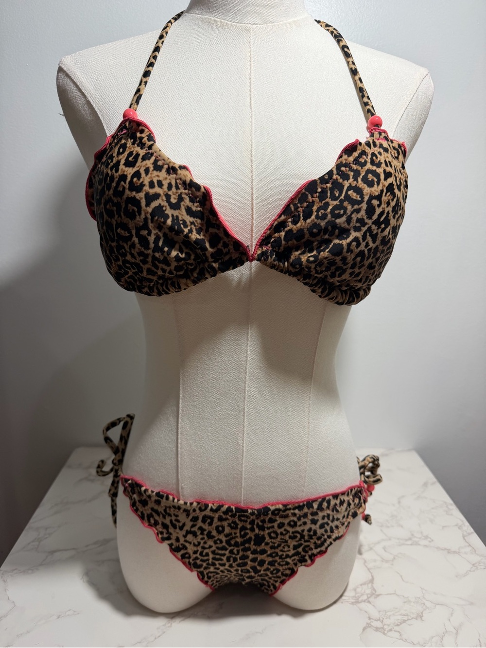 Vintage Y2K Xhilaration Leopard Print Bikini with Pink Ruffle Beaded‎ Trim -- S - Picture 3 of 15